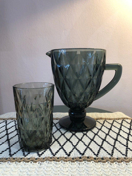 BAHULU Diamond pattern drinking glass & kettle, Black Big Diamond 220ml + 1.5L/ 7 pieces