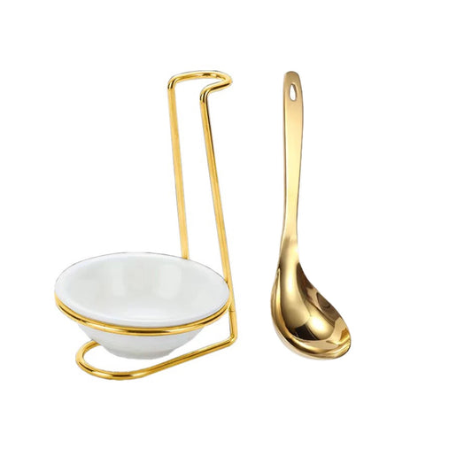 BÄHŪLU Serving Spoon with holder, ceramic, s.steel 23cm