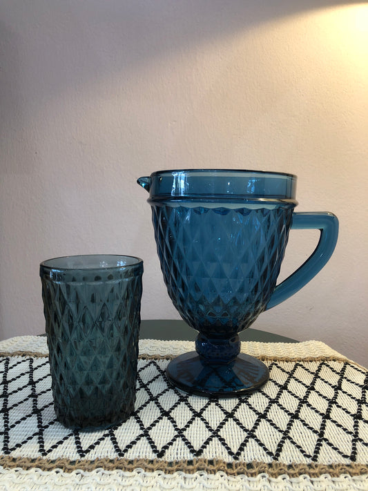 BAHULU Diamond pattern drinking glass & kettle, Blue , 220ml + 1.5L/ 7 pieces