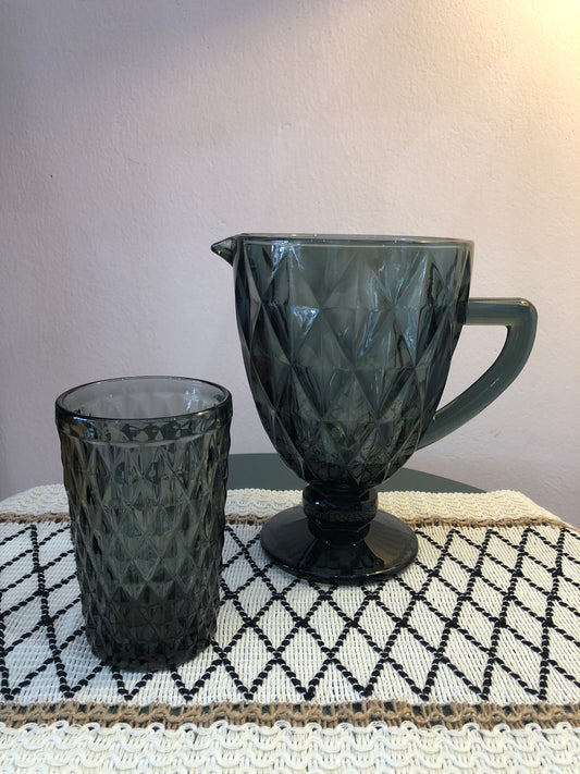 BAHULU Diamond pattern drinking glass & kettle, Black Small Diamond 220ml + 1.5L/ 7 pieces