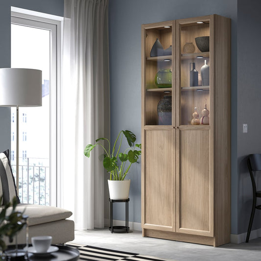 BILLY / OXBERG Bookcase with panel/glass doors, oak effect, 80x30x202 cm