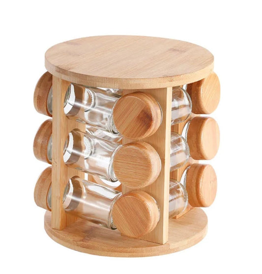 KÜTILAPAM 12-piece Rotating spice rack set, bamboo/glass 18.5 x 18.5 x 23cm