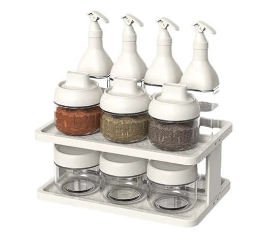 SELÚRÚT Glass lSpice jar & oil bottle with rack, 30 x 20 x 30.5 cm