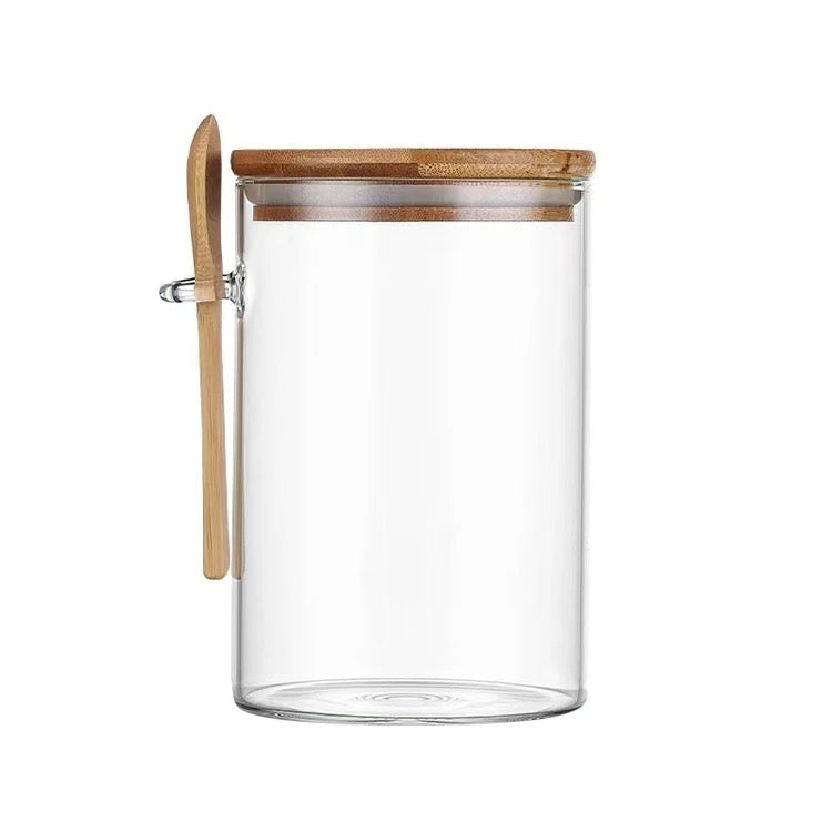 KÜTILAPAM spice jar with spoon,
bamboo/glass, 6.5 x 8.5 cm