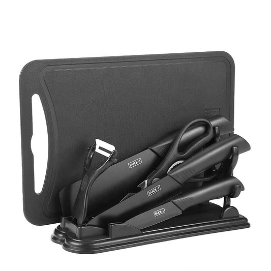 SRÍMUKÄ 7-piece stainless steel knives set with shealths, scissors and cutting board