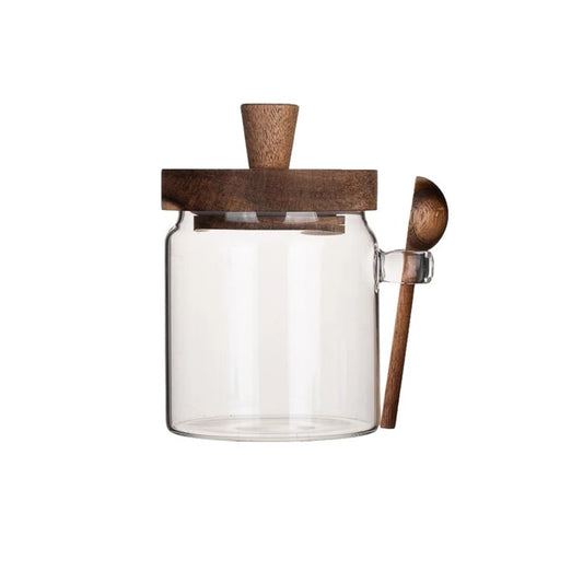 KÜTILAPAM glass jar with scoop, acacia wood/glass 500ml