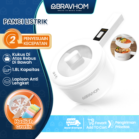 BRAVHOM Non-stick Electric Portable Cooking pot with steamer set, white, 36 x 20 x 19.5 cm