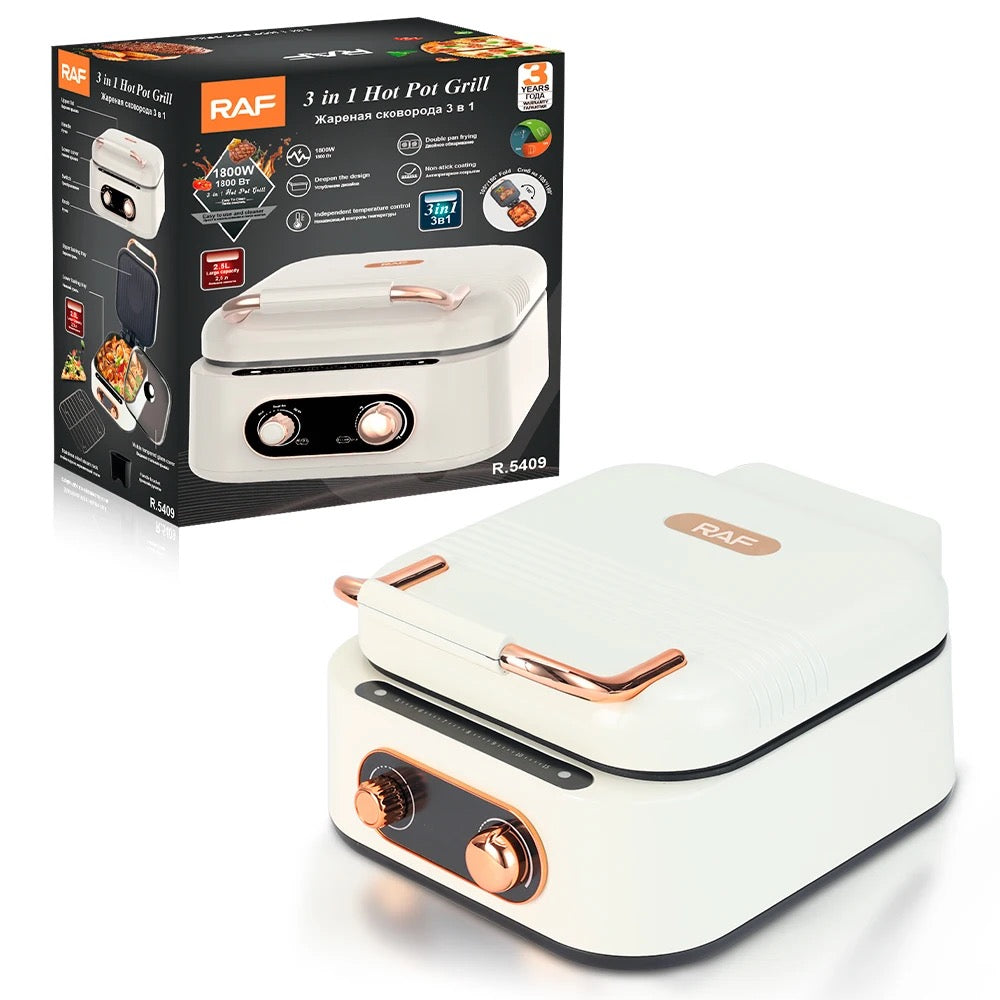 RAF Multi-functional Hot Electric 3-1 Pot Grill/Steak Machine/Frying Pot, 1800W