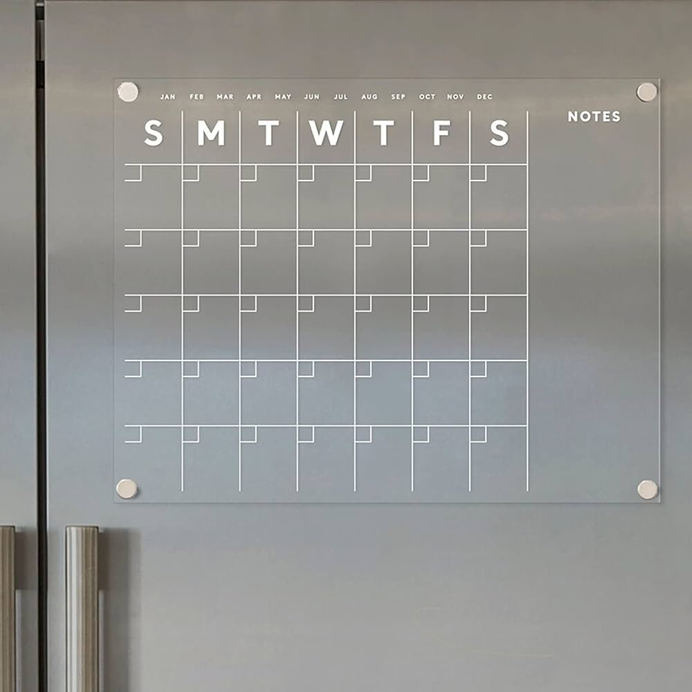 RANGÍN Arcylic Magnetic Wall Calender/Planner, white font/silver magnet, 42x32cm