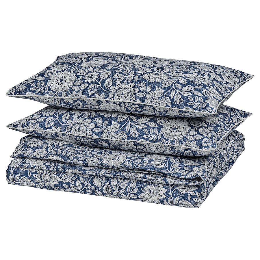 IKEA GLESSTARR Duvet cover and 2 pillowcases, dark blue/white, 200x200/50x80 cm