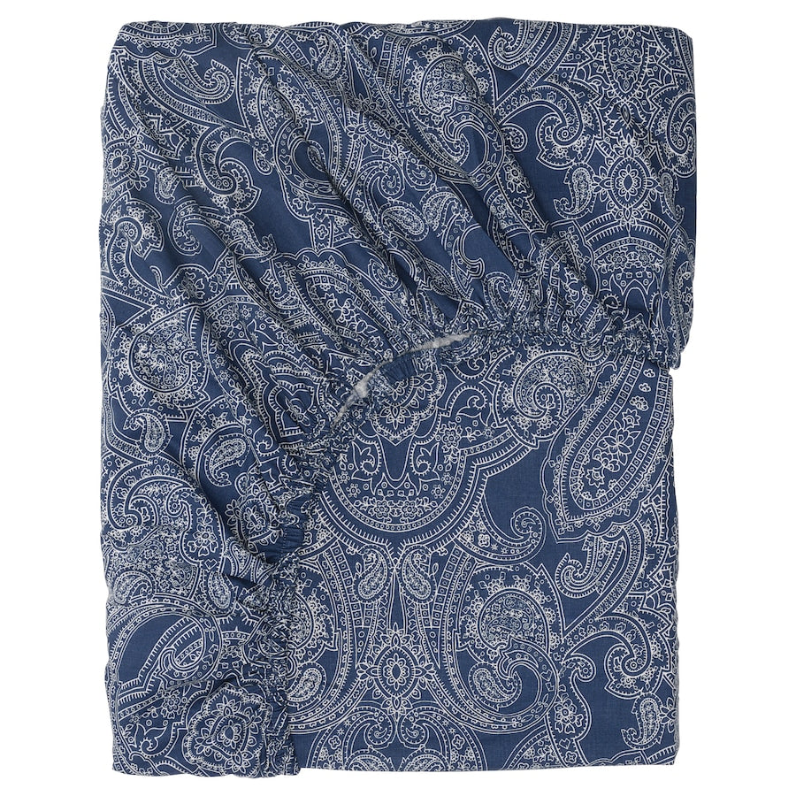 IKEA JÄTTEVALLMO Fitted sheet, dark blue/white, 180x200 cm