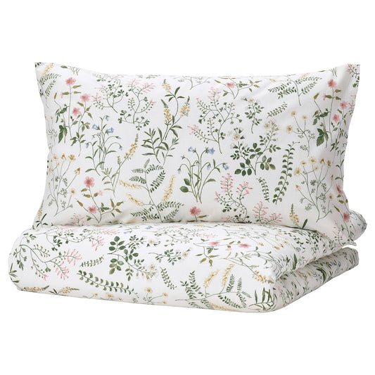 IKEA TIMJANSMOTT Duvet cover and 2 pillowcases, white/floral pattern, 240x220/50x80 cm