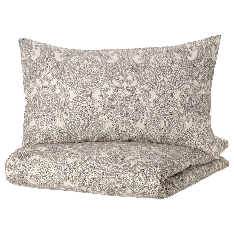 IKEA JÄTTEVALLMO Duvet cover and pillowcase, beige/dark grey, 150x200/50x80 cm
