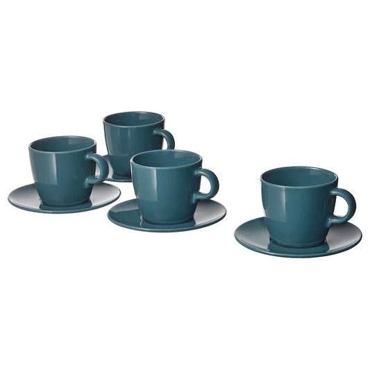 FÄRGKLAR Cup with saucer, glossy dark turquoise, 25 cl