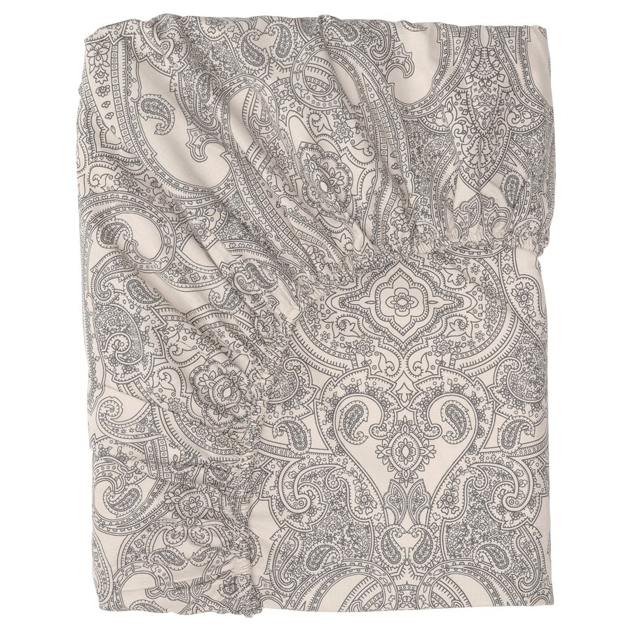 JÄTTEVALLMO Fitted sheet, beige/dark grey, 150x200 cm