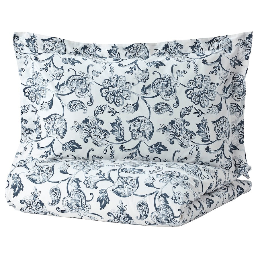 JUNIMAGNOLIA Duvet cover and 2 pillowcases, white/dark blue, 200x200/50x80 cm