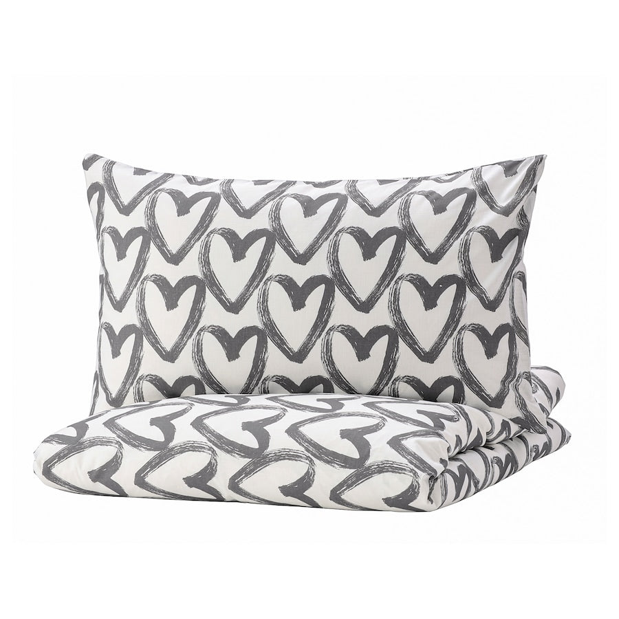 IKEA LYKTFIBBLA Duvet cover and 2 pillowcases, white/grey, 200x200/50x80 cm