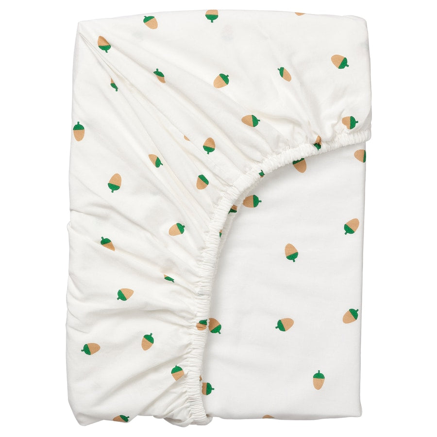 IKEA BRUMMIG Fitted sheet, acorn pattern/multicolour, 90x200 cm