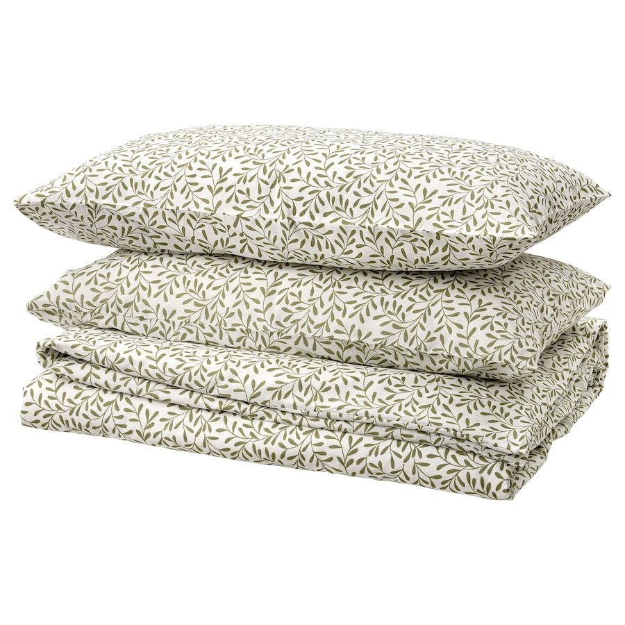 IKEA SORGMANTEL Duvet cover and 2 pillowcases, white/green, 200x200/50x80 cm