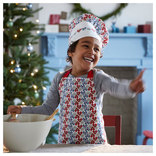 VINTERFINT Children’s apron with chef’s hat, heart pattern blue/red, 4-7 years old