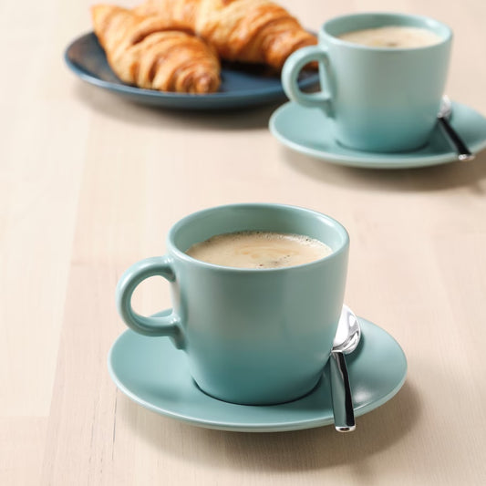 FÄRGKLAR Cup with saucer, matt light turquoise, 25 cl