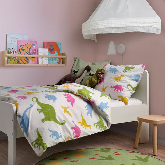 JÄTTELIK Duvet cover and pillowcase, dinosaur/multicolour150x200/50x80 cm