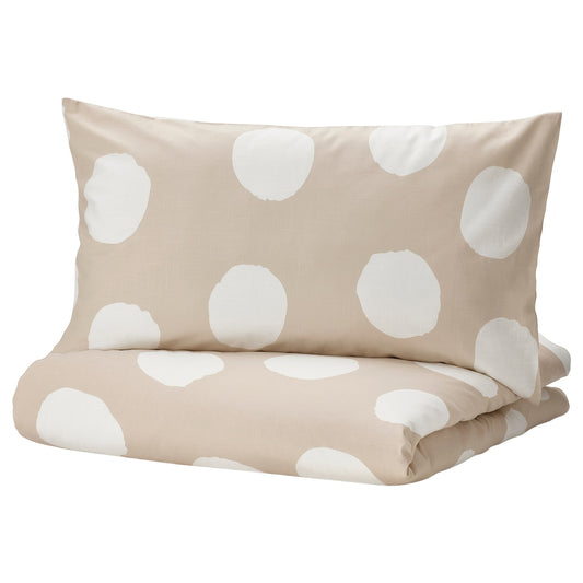 KLYNNETÅG Duvet cover and 2 pillowcases, beige/white/dotted, 200x200/50x80 cm