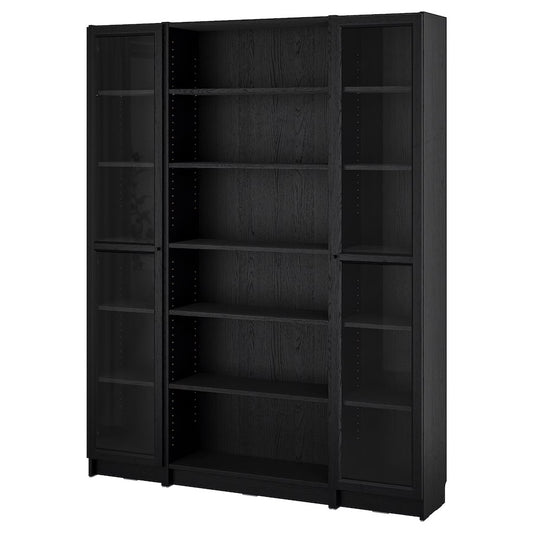 BILLY / OXBERG Bookcase combination w glass doors, black oak effect, 160x202 cm
