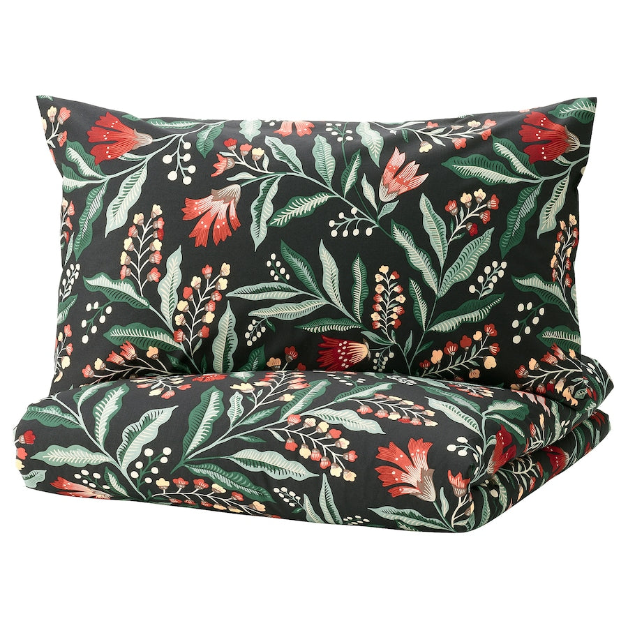 SAMMETSBLAD Duvet cover and 2 pillowcases, black/multicolour240x220/50x80 cm