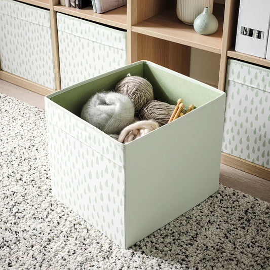 KALLAX/DRÖNA Shelving unit, white77x147 cm & 4 Box, patterned33x38x33 cm