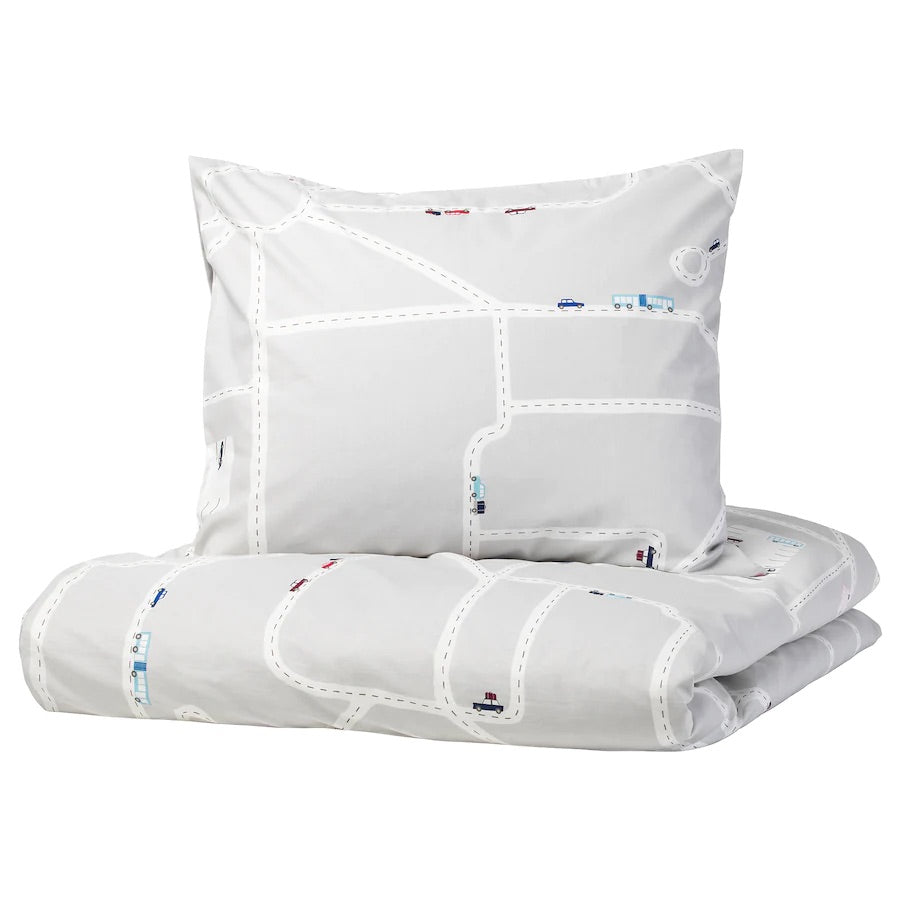 UPPTÅG Duvet cover and pillowcase, cars/roads pattern/grey150x200/50x80 cm