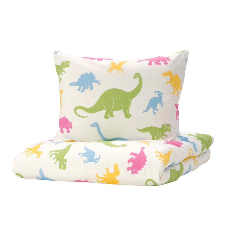 JÄTTELIK Duvet cover and pillowcase, dinosaur/multicolour150x200/50x80 cm