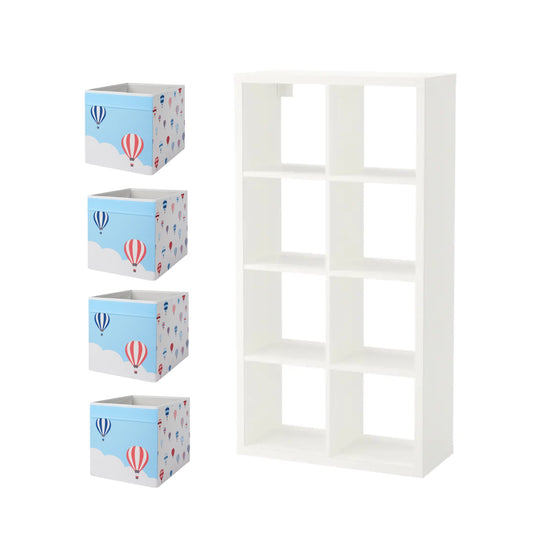 KALLAX/UPPTÅG Shelving unit, white77x147 cm & 4 Box, patterned33x38x33 cm