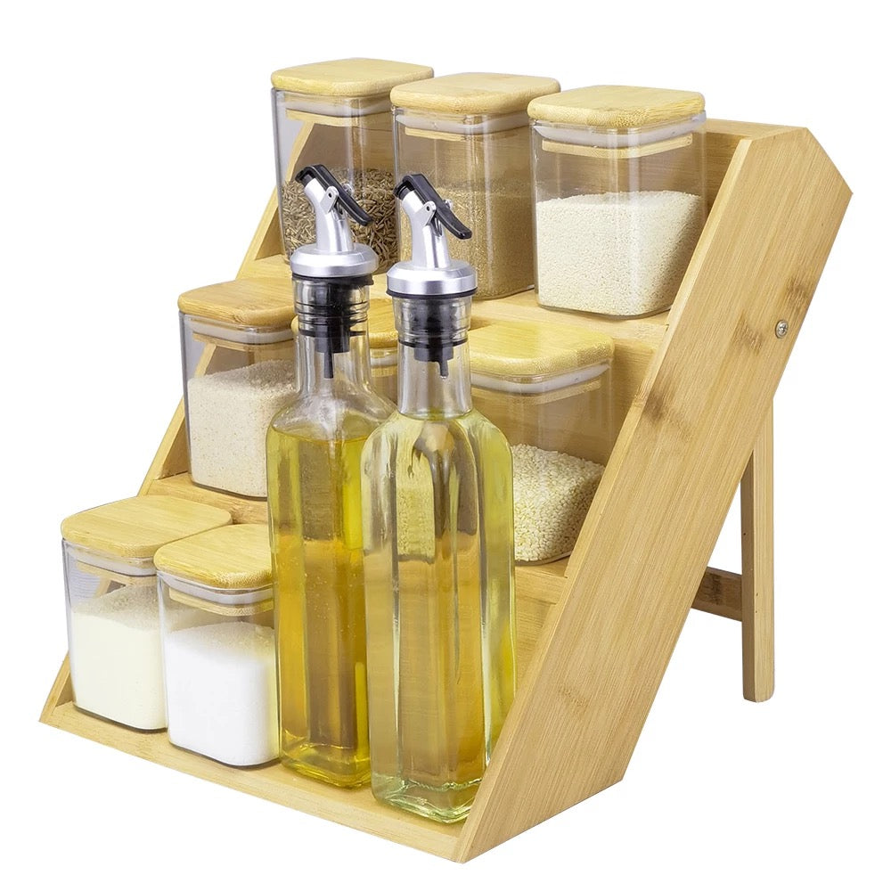 KÜTILAPAM Borosilicate bamboo 8 spice jars, 2 oil bottles & rack