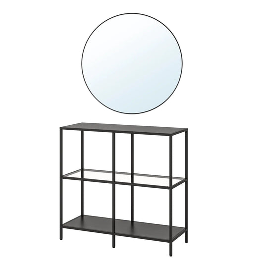 LINDBYN/VITTSJÖ mirror 80cm & Shelving unit, black-brown/glass100x93 cm