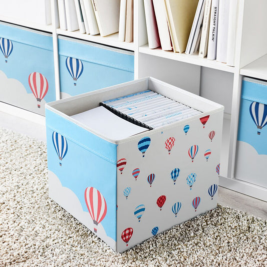 KALLAX/UPPTÅG Shelving unit, white77x147 cm & 4 Box, patterned33x38x33 cm