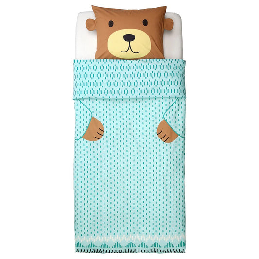 KÄPPHÄST Duvet cover and pillowcase, bear turquoise150x200/50x80 cm