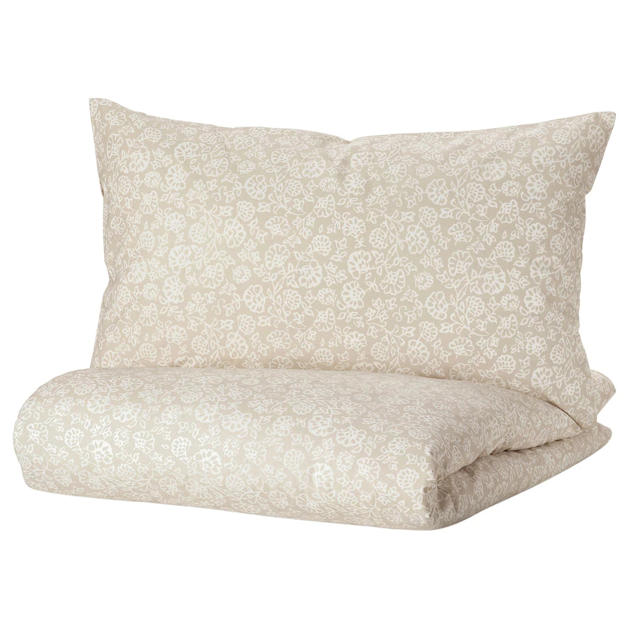 TRINDSTARR Duvet cover and 2 pillowcases, beige/white200x200/50x80 cm