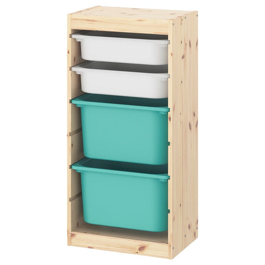 TROFAST Storage combination with boxes, light white stained pine/turquoise, 44x30x91 cm