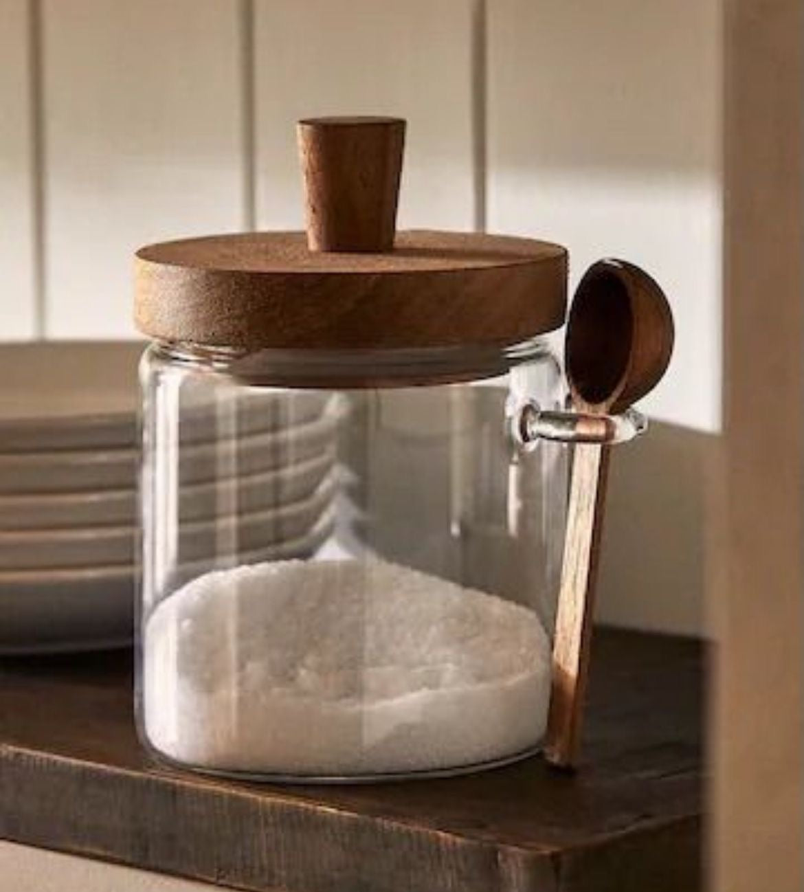 KÜTILAPAM glass jar with scoop, acacia wood/glass 500ml