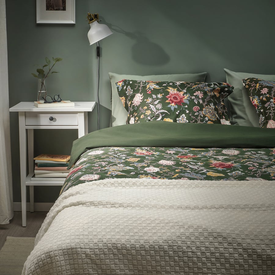 NÄSSELKLOCKA Duvet cover and 2 pillowcases, dark grey-green/multicolour, 240x220/50x80 cm