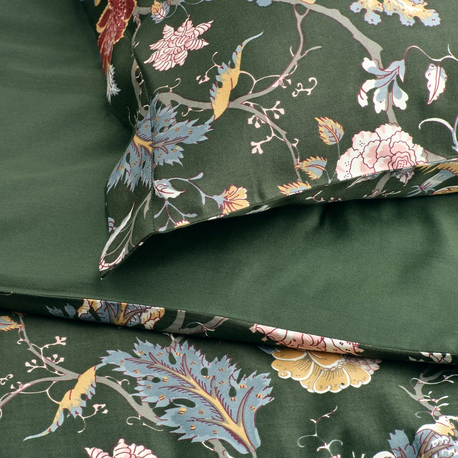 NÄSSELKLOCKA Duvet cover and 2 pillowcases, dark grey-green/multicolour, 240x220/50x80 cm