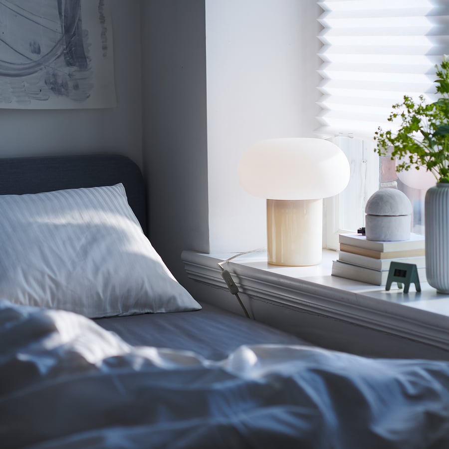 DEJSA Table lamp, beige / opal white glass, 28cm