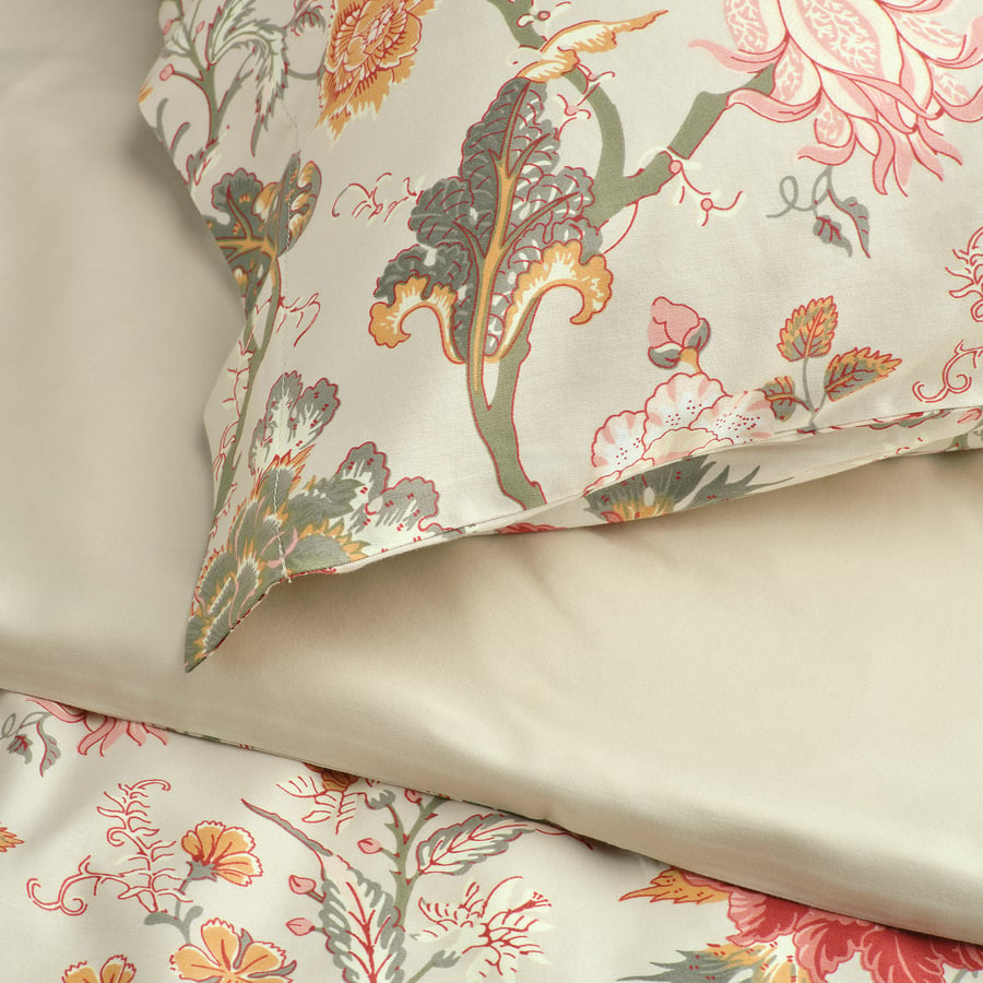 NÄSSELKLOCKA Duvet cover and 2 pillowcases, light grey-beige/multicolour, 240x220/50x80 cm