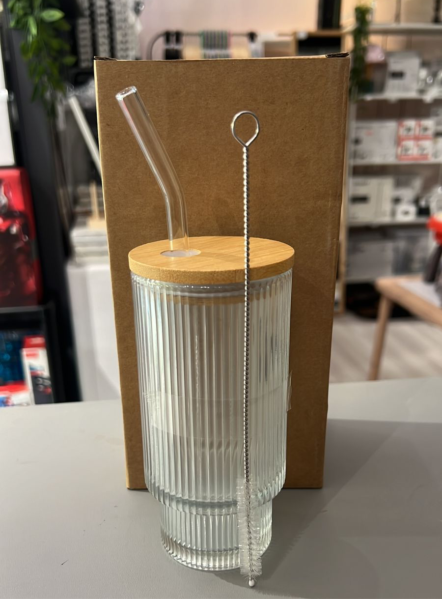 KÜTILAPAM borosilicate vertical stripes glass with bamboo lid & glass straw, 330ml