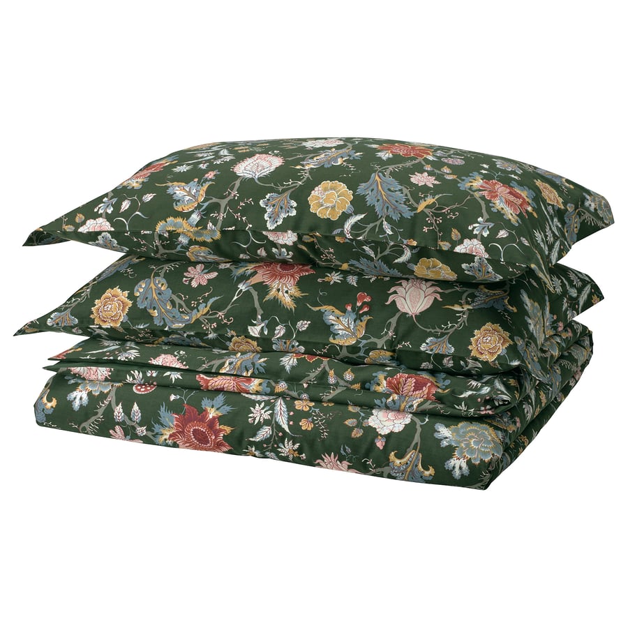NÄSSELKLOCKA Duvet cover and 2 pillowcases, dark grey-green/multicolour, 240x220/50x80 cm