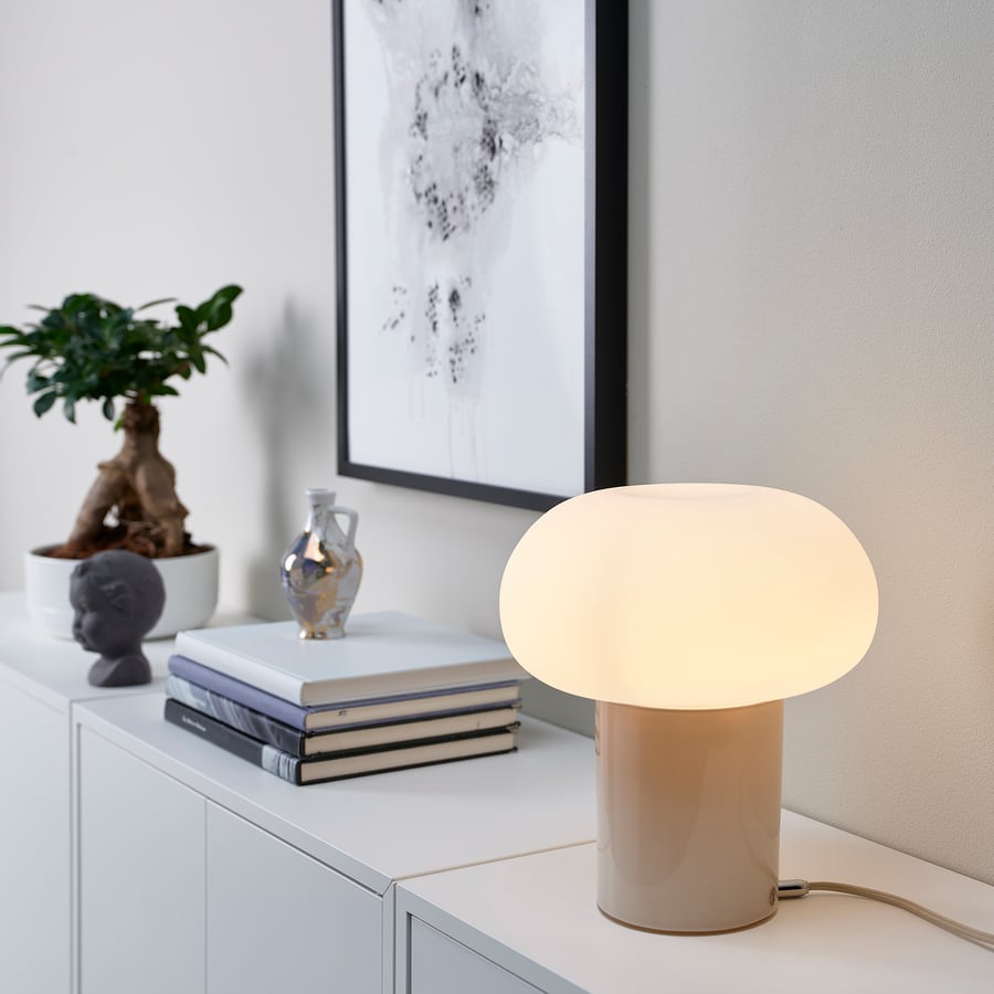 DEJSA Table lamp, beige / opal white glass, 28cm