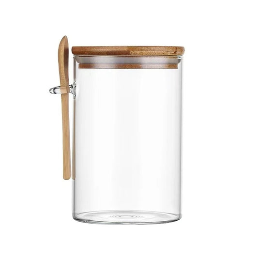 KÜTILAPAM spice jar with spoon,
bamboo/glass, 6.5 x 8.5 cm