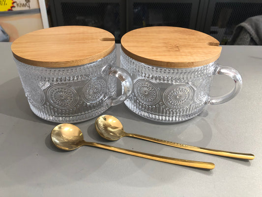 KUTILAPAM Borosilicate Pattern glass w/bamboo lid & stainless steel spoon, 450ml (Set of 2pcs)