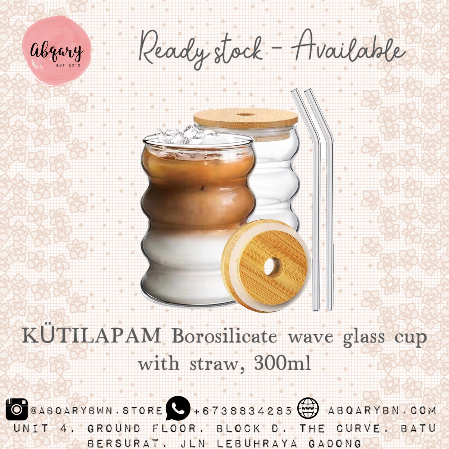 KUTILAPAM Borosilicate wave glass cup with straw , 300ml